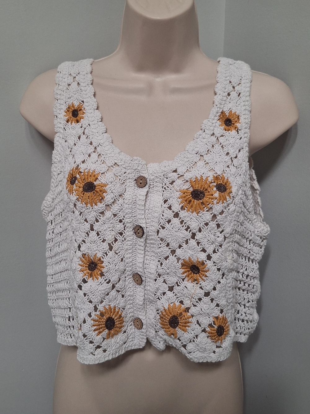 Crochet Sunflower Button-Front Crop Tank Top